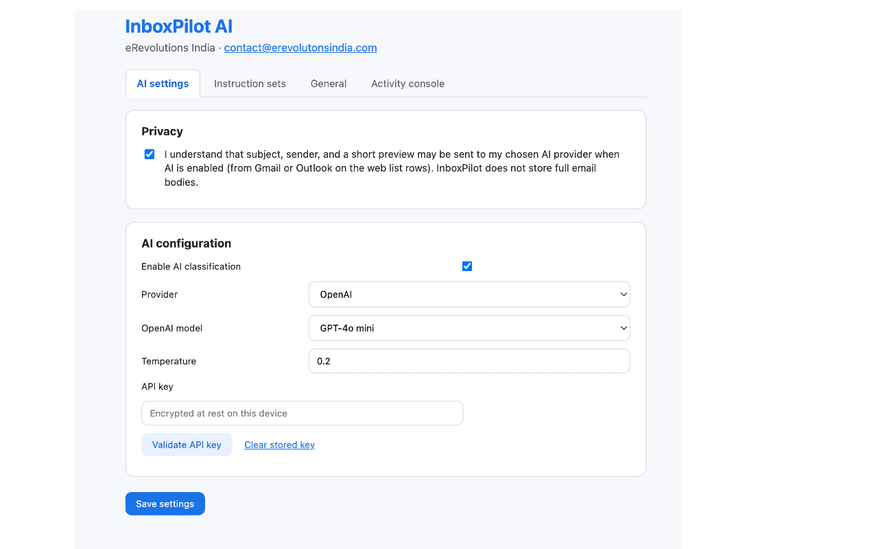 InboxPilot AI settings screen