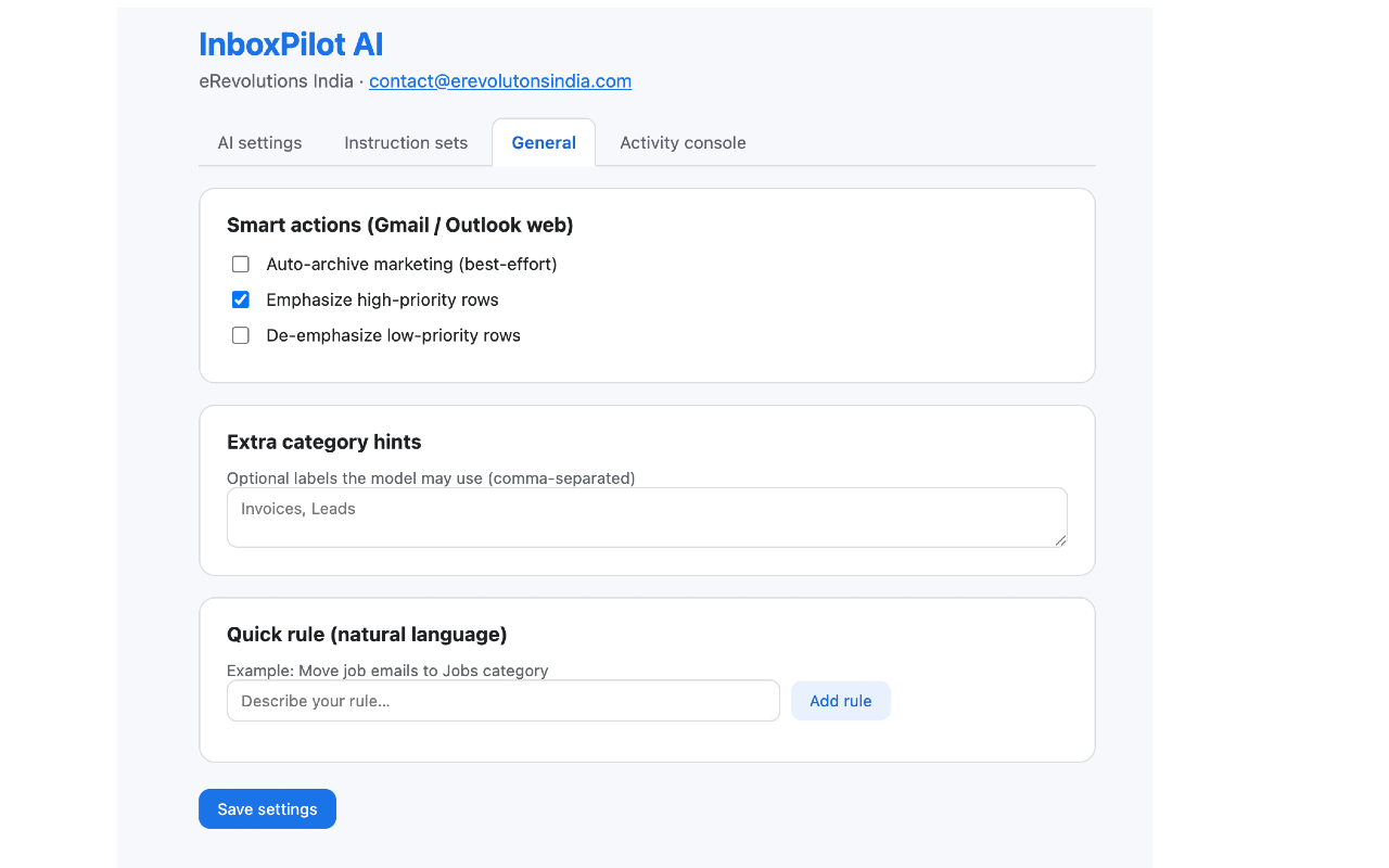 General options in InboxPilot AI